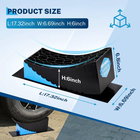 RV Leveling Blocks 6 Inch Two Pack For Travel Trailers Heavy Duty Curved Camper Levelers shown with dimensions