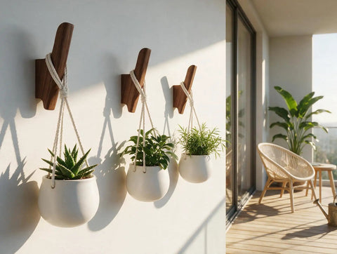 Rock-Solid Natural Walnut Wood 4 Pack Wall-Mounted Coat Hooks for a Super Entryway Glow Up handcrafted hooks holding planters.