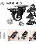 Heavy Duty Four Pack Two Inch Silent Glide Casters With Dual Lock Brakes Smooth Ball Bearing Swivel Wheels close-up of installation hardware and caster
