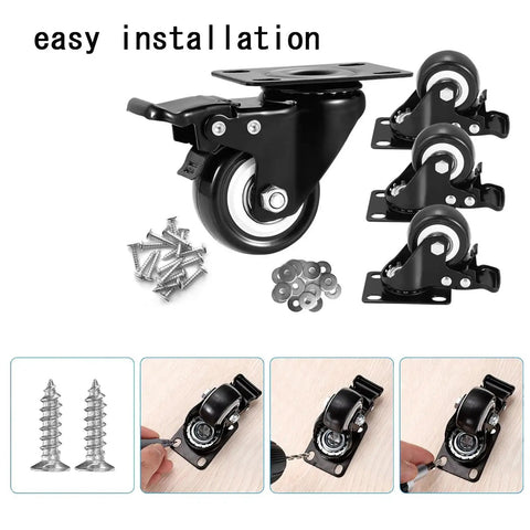 Heavy Duty Four Pack Two Inch Silent Glide Casters With Dual Lock Brakes Smooth Ball Bearing Swivel Wheels close-up of installation hardware and caster
