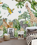 Safari Jungle Wall Mural For Kids Room In Watercolor Animals Style, Nursery Decor, Giraffe, Leopard, Zebra in Jungle Setting