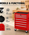 Hella Solid Rolling Tool Chest With Seven Ball Bearing Drawers That Glide Like Butter Plus Lockable Heavy Duty Steel Frame Designed For Garage Auto Shop Or Warehouse Storage In Red, showing swivel wheels and pegboard.