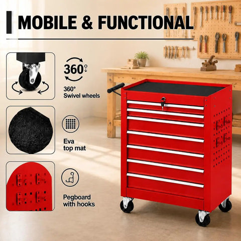 Hella Solid Rolling Tool Chest With Seven Ball Bearing Drawers That Glide Like Butter Plus Lockable Heavy Duty Steel Frame Designed For Garage Auto Shop Or Warehouse Storage In Red, showing swivel wheels and pegboard.