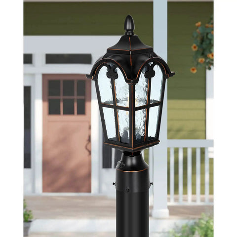 Hardwired 120V Dusk To Dawn Outdoor Post Light Black Roman Aluminum Pole Lamp With Pier Mount Base in garden setting