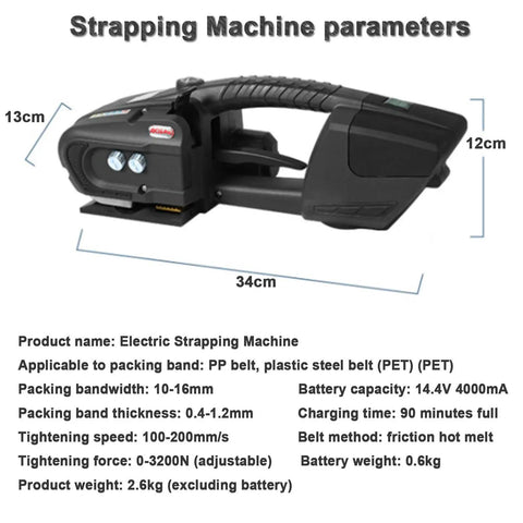 Game Changer Handheld Electric Strapping Machine With A Quick Charge 4000mAh Battery auto hot melter with parameters displayed.