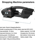 Heavy Duty Portable Electric Strap Gun For PP Pet Straps With Badass Auto Melting Tension Regulator And Slick Dual Batteries For Quick Pallet Wrapping And No Fuss Warehouse Securing, showing detailed dimensions and specifications.