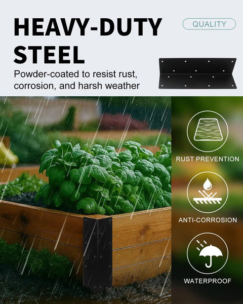 Hard Core 8 Pack Heavy Duty Steel Corner Brackets For Raised Garden Beds rust-resistant, powder-coated brackets on a wood planter with rain.