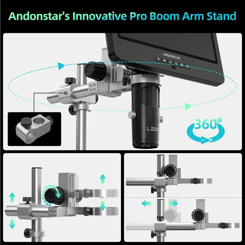 Andonstar's Innovative Pro Boom Arm Stand metal microscope arm with 360-degree adjustable mount and clamp