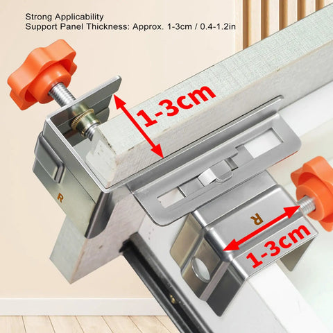 Large Adjustable Stainless Steel Drawer Panel Fixing Clamps Heavy Duty Installation Fixture With Knockout Grip For Smooth Furniture Assembly And Woodworking Projects, showing panel thickness measurement 1-3cm.