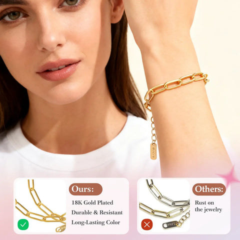 Woman wearing paperclip chain from Stainless Steel Gold Charm Bracelet Making Kit For Beginners DIY Jewelry Craft Set