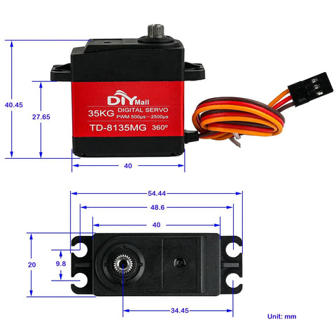 Dimensions and details of TD8135MG 360 Degree Continuous Rotation Servo With Full Metal Gear High Voltage Digital Servo Delivering Beefy 35Kg Cm Torque