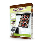 Packaging of EZ-Shelf, an under cabinet coffee pod storage rack for Keurig K cups, holds 12 pods, uses 3M tape for no fuss installation.