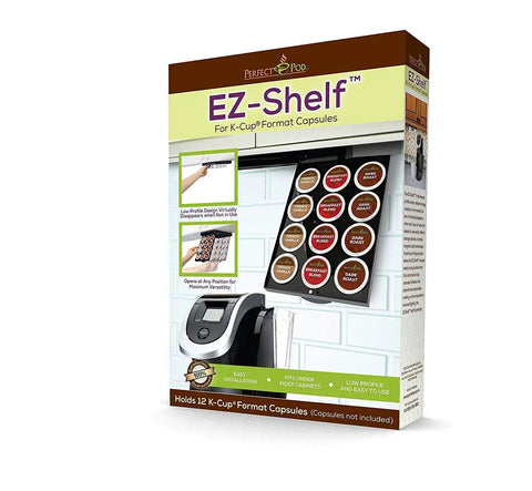 Packaging of EZ-Shelf, an under cabinet coffee pod storage rack for Keurig K cups, holds 12 pods, uses 3M tape for no fuss installation.