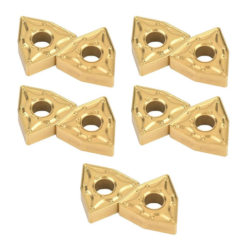 CNC Carbide Insert Blade For Lathe Turning, 10 Piece Set, Built To Last High Density Coating Delivers Tough Wear Resistance And Precise Machining On Stainless Steel, Includes 0804 Inserts showing gold insert blades.