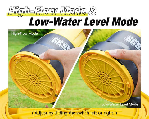 Powerful Submersible Sump Pump 5000 GPH High Flow With 25 Ft 1.5 Inch Discharge Hose Kit, showing high-flow and low-water level modes.