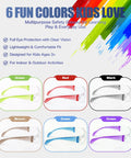 Six Crew Pack Youth Safety Glasses With Anti Fog And Uv400 Tint Built Tough Scratch Proof Lenses For School Hustle Shop Class And Bike Rides Multi Color Wraparound Shields in green, red, black, brown, blue, and purple.