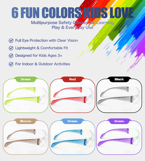 Six Crew Pack Youth Safety Glasses With Anti Fog And Uv400 Tint Built Tough Scratch Proof Lenses For School Hustle Shop Class And Bike Rides Multi Color Wraparound Shields in green, red, black, brown, blue, and purple.