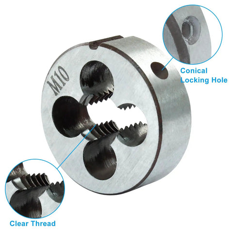 M10 X 1.5 Metric Tap And Die Set For HSS Machine Threads, showing close-up of durable high speed steel die tool with threading detail