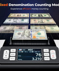 Munbyn Imc09 Mixed Denomination Money Counter For USD Eur Cad Mxn Bills With Multi Currency Value Counting And Uv Mg Ir Mt Detectors Including 3 Point Five Inch Tft Display Bright White Finish with displayed bills counting mode.