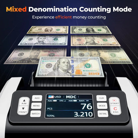 Munbyn Imc09 Mixed Denomination Money Counter For USD Eur Cad Mxn Bills With Multi Currency Value Counting And Uv Mg Ir Mt Detectors Including 3 Point Five Inch Tft Display Bright White Finish with displayed bills counting mode.