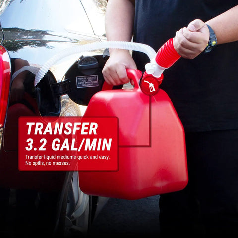 Manual Portable Fuel Transfer Pump Siphon Kit With One Hand Pump Up To Three Point Two GPM Flow Built In Hose Clip Adjustable Air Vent Cap For Slower Or Faster Flow Great For Gas Diesel And Other Fluids 1 Pack shown transferring fuel into red gas can