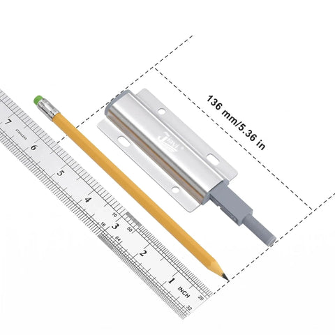 Push To Open Cabinet Latch Set 2 pack magnetic touch latches beside ruler and pencil, showing size, in silver finish.