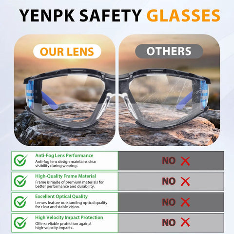 YENPK Safety Glasses comparison showing anti-fog features and lens quality for enhanced eye protection and clarity.