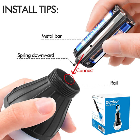 Installation process of Palm Sized Portable LED Tent Light With Hanging Hook Emergency Lantern showing battery placement.