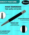 Close-up of Set Of Five Round Head Center Punches For Metal And Woodworking showing sharp point and non-slip grip handle.