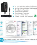 12V 2A 24W Power Supply Adapter With 5.5mm By 2.1mm Plug, safety certifications, black color, energy efficiency details shown