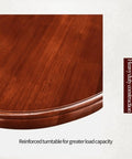 Focus on a wooden dining table turntable with 360 degree rotation and silent smooth glide lazy susan showing reinforced construction