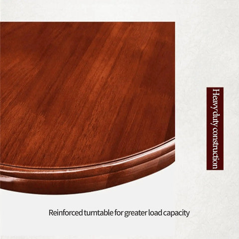 Focus on a wooden dining table turntable with 360 degree rotation and silent smooth glide lazy susan showing reinforced construction