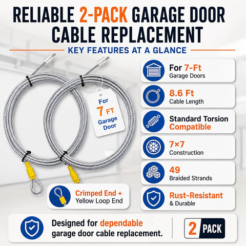 Heavy Duty Garage Door Cable Replacement Kit For 8.6 Foot Doors One Eighth Inch Galvanized Steel Cable Rust Resistant, product features