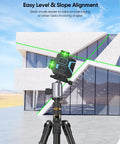 Green Laser Level Self Leveling With 3D Cross Line on tripod, projecting lines on building facade for precise angle alignment.