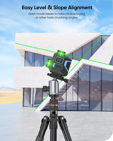 Green Laser Level Self Leveling With 3D Cross Line on tripod, projecting lines on building facade for precise angle alignment.