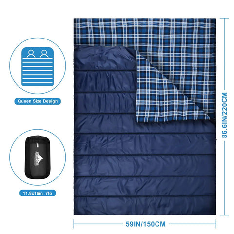 Double Sleeping Bag For Camping And Backpacking, Queen Size Two Person, Waterproof And Lightweight, with flannel lining