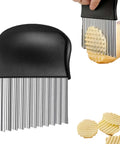 Front view of a large wavy crinkle cutter with stainless steel blades and black plastic handle for potatoes and vegetables