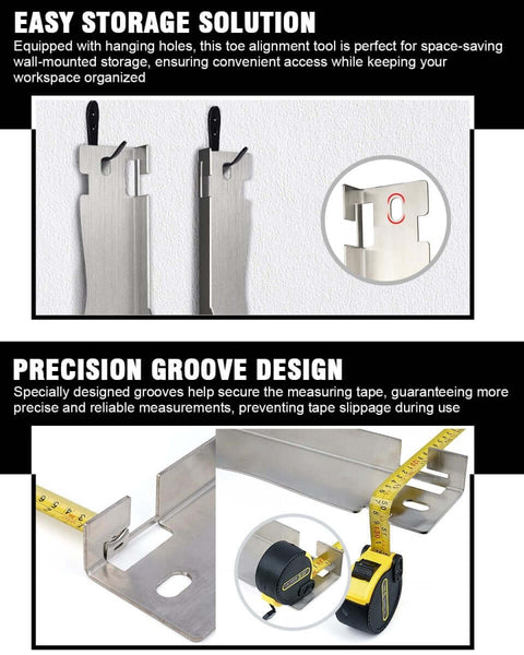 Heavy Duty Toe Alignment Tool Plates with tape measures, stainless steel, hanging holes, side view, and wall-mounted storage option.