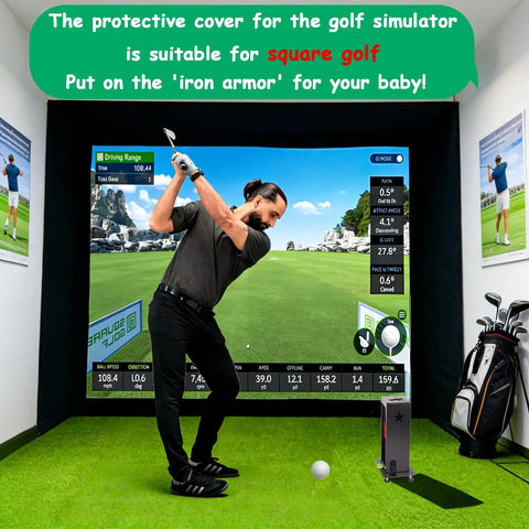 Golfer using simulator with Protective Shield For Square Golf Launch Monitor With Leveling And Ventilated Metal Case Built Tough.