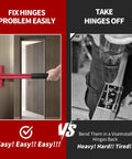 Image comparing Long Handle Hinge Bender Wrench application on a door versus traditional hinge removal method.