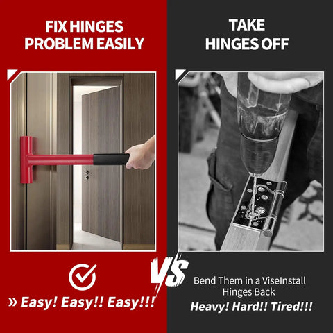 Image comparing Long Handle Hinge Bender Wrench application on a door versus traditional hinge removal method.