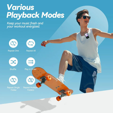 Clip On 64GB MP3 Player With Bluetooth 5.3 FM Radio And Voice Recorder Up To 128GB With Micro SD Model M2 Ultra Lightweight on a skateboarder