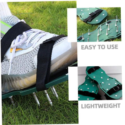 Sixteen Piece Durable Lawn Aerator Shoes With Boss Grade Spike Straps for easy garden aeration and lawn care tasks in use
