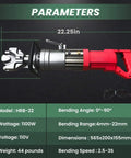VgtHK Electric Rebar Bender With Powerful Pure Copper Motor, 1100W, 22.25in length, bends 4-22mm rods at 0-90 degrees.