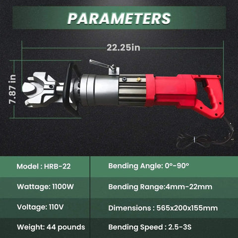VgtHK Electric Rebar Bender With Powerful Pure Copper Motor, 1100W, 22.25in length, bends 4-22mm rods at 0-90 degrees.