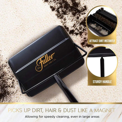 Electrostatic Carpet And Floor Sweeper Boasts A Nine Inch Cleaning Path For Tile And Rug. Cuts Through Daily Crumbs And Pet Hairs Without Plug Hassle Or Cord Drama. A Prime Manual Push Broom For Quick Mess In A Snap House Chores In Matte Black, featuring a sturdy handle and effective cleaning head.