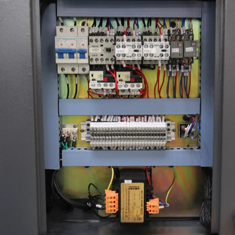Kaka Industrial Heavy Duty Hydraulic Roll Bending Machine control panel showing wiring and electrical components.