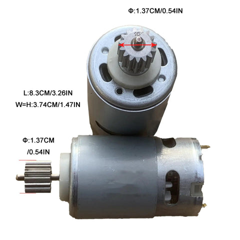 2 Pack 12V 40000 RPM RS550 High Speed Electric Motors 15T for Power Wheels with labeled dimensions
