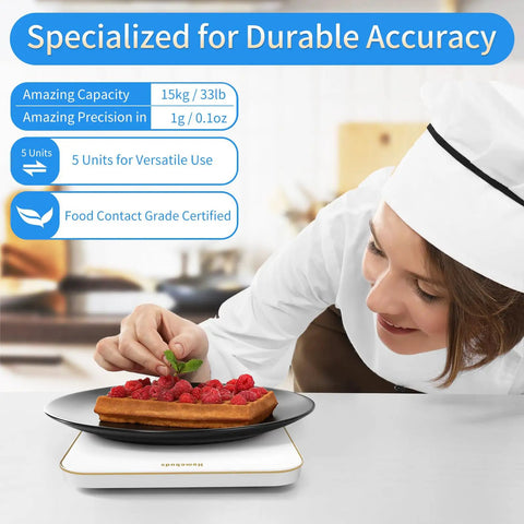 Chef using Digital Food Scale 33Lb Capacity With 1g Increments Ultra Precise Kitchen Scale For Cooking And Baking Grams And Ounces