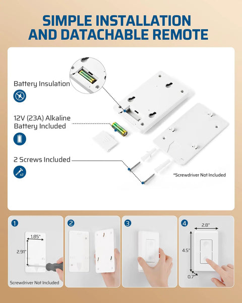 Wireless Remote Wall Switch And Outlet No Wiring Required Easy Setup With Bracket shown with battery and installation guide.